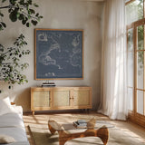 Mar del Nort Blueprint by Wild Apple Portfolio. Shown in a natural wood frame in a cozy modern living room. Available as an archival giclee rolled canvas, fine art paper, or poster print. SKU 41774a.