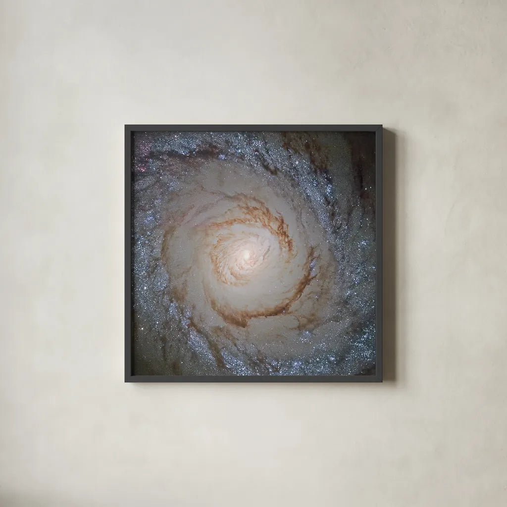 Messier Galaxy by Wild Apple Portfolio. Shown in a sleek black glass frame for a contemporary gallery look. Available as an archival giclee rolled canvas, fine art paper, or poster print. SKU 89317a.