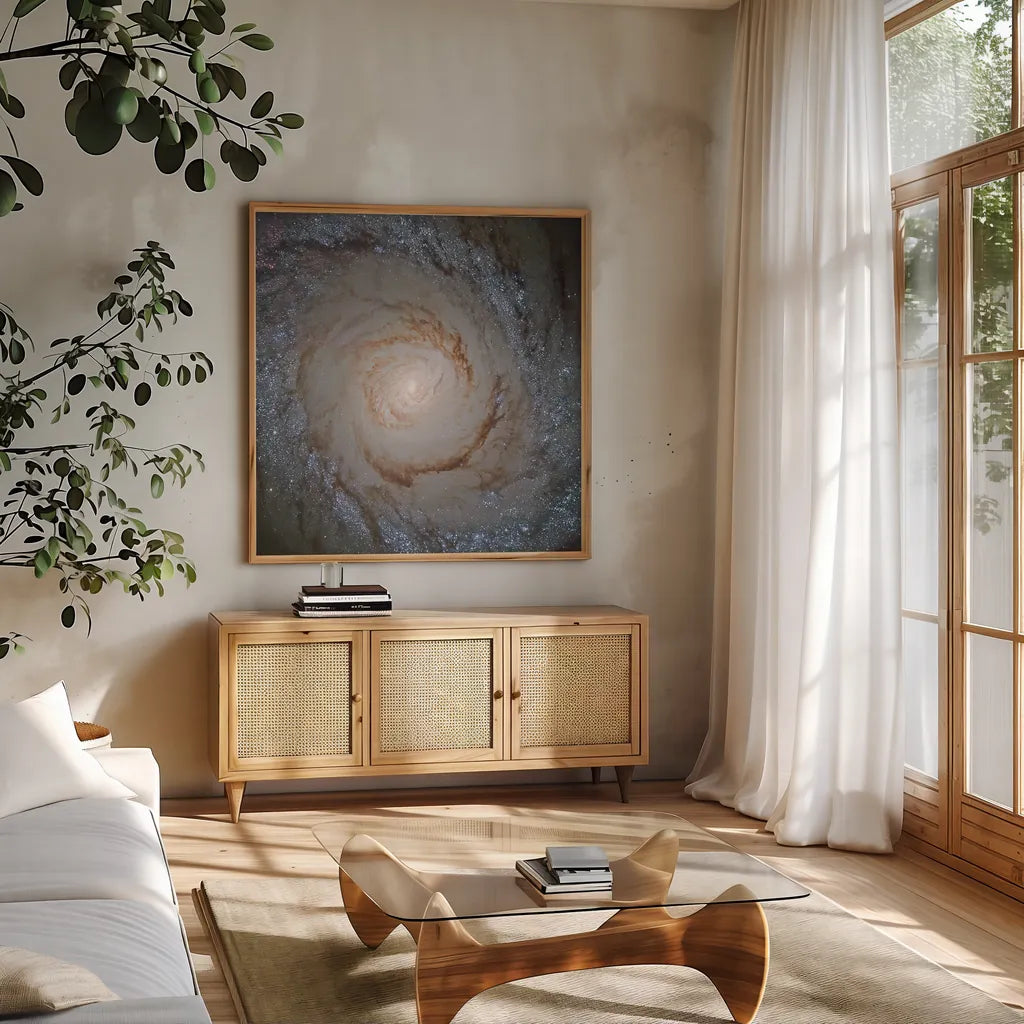 Messier Galaxy by Wild Apple Portfolio. Shown in a natural wood frame in a cozy modern living room. Available as an archival giclee rolled canvas, fine art paper, or poster print. SKU 89317a.