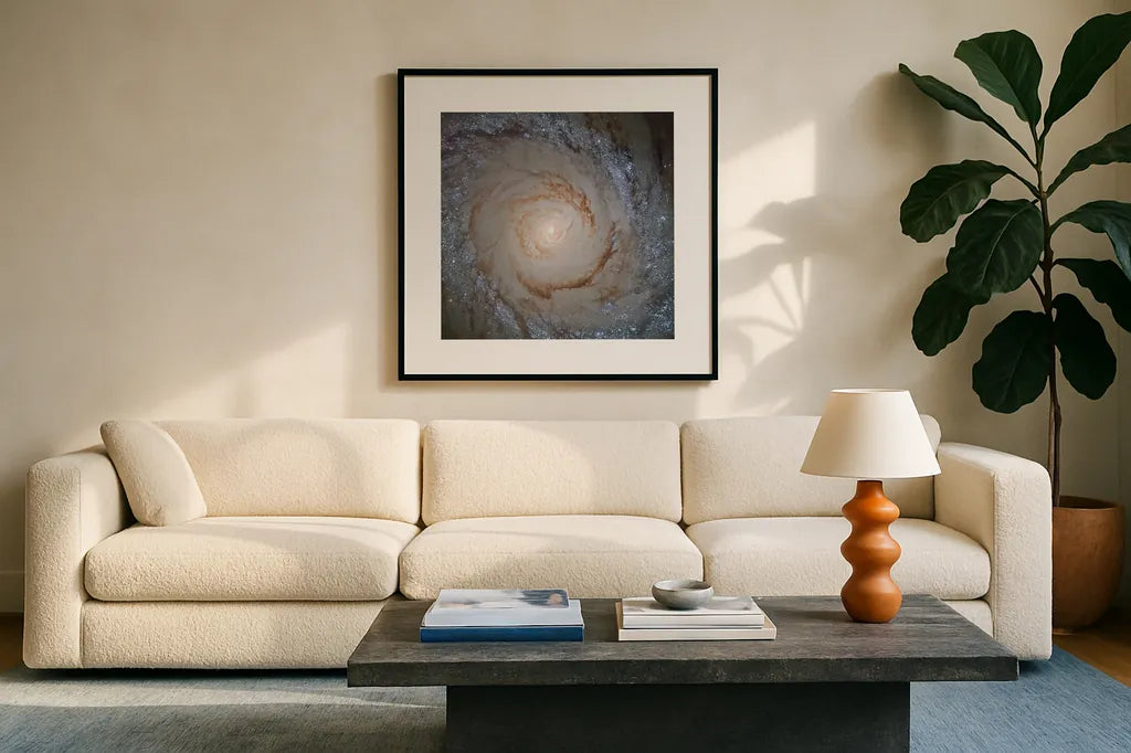 Messier Galaxy by Wild Apple Portfolio. Displayed in a glass frame with matte in a clean modern living room. Available as an archival giclee rolled canvas, fine art paper, or poster print. SKU 89317a.