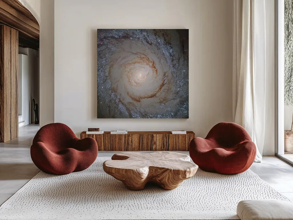 Messier Galaxy by Wild Apple Portfolio. Shown as extra-large giant wall art in a modern living room. Available as an archival giclee rolled canvas, fine art paper, or poster print. SKU 89317a.