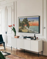 Miami Beach Palms by Wild Apple Portfolio. shown as a framed stretched canvas in a living room above a console. Available as a archival giclee rolled canvas, fine art paper, or poster print. SKU 54512i.