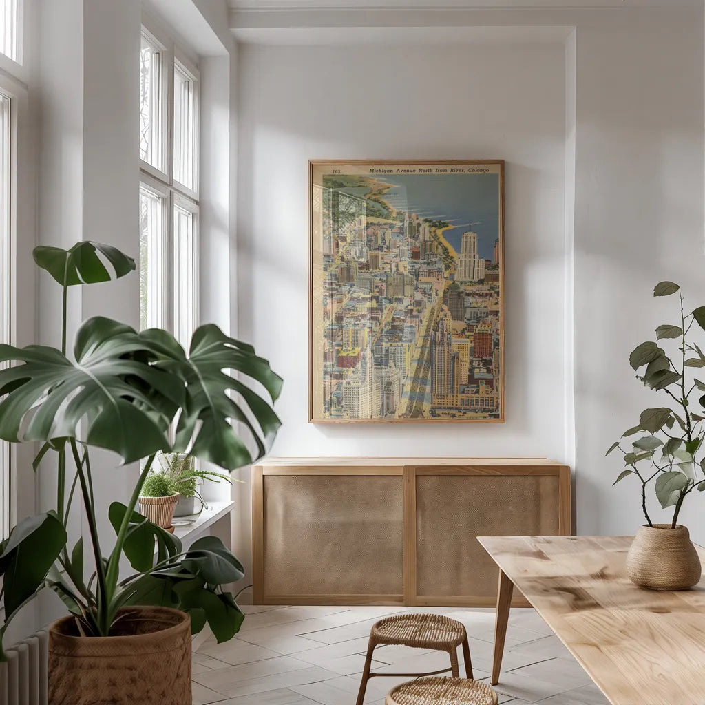 Michigan Avenue North from River Chicago by Wild Apple Portfolio. shown as a print in a natural wood frame in a dining room. Available as a archival giclee rolled canvas, fine art paper, or poster print. SKU 68512h.