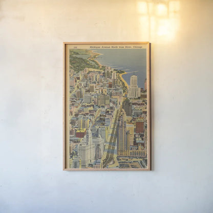 Michigan Avenue North from River Chicago by Wild Apple Portfolio. shown as a paper print in a natural frame. Available as a archival giclee rolled canvas, fine art paper, or poster print. SKU 68512h.