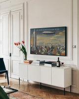 Midtown New York by Wild Apple Portfolio. shown as a framed stretched canvas in a living room above a console. Available as a archival giclee rolled canvas, fine art paper, or poster print. SKU 100972i.