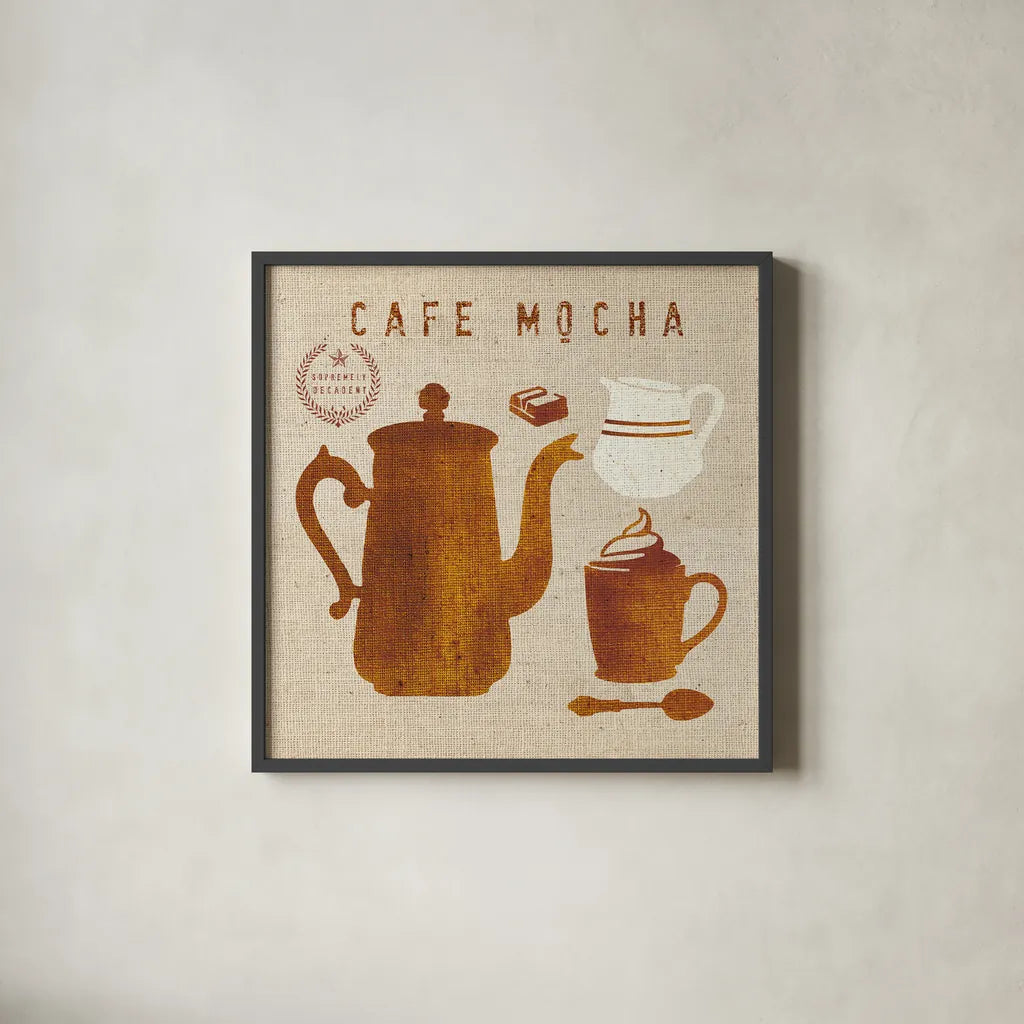 Mocha on Linen by Wild Apple Portfolio. Shown in a sleek black glass frame for a contemporary gallery look. Available as an archival giclee rolled canvas, fine art paper, or poster print. SKU 19782a.