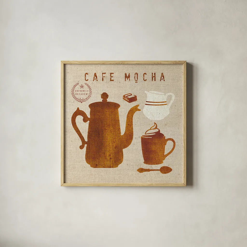 Mocha on Linen by Wild Apple Portfolio. Shown in a natural wood glass frame for a timeless modern aesthetic. Available as an archival giclee rolled canvas, fine art paper, or poster print. SKU 19782a.