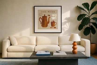 Mocha on Linen by Wild Apple Portfolio. Displayed in a glass frame with matte in a clean modern living room. Available as an archival giclee rolled canvas, fine art paper, or poster print. SKU 19782a.