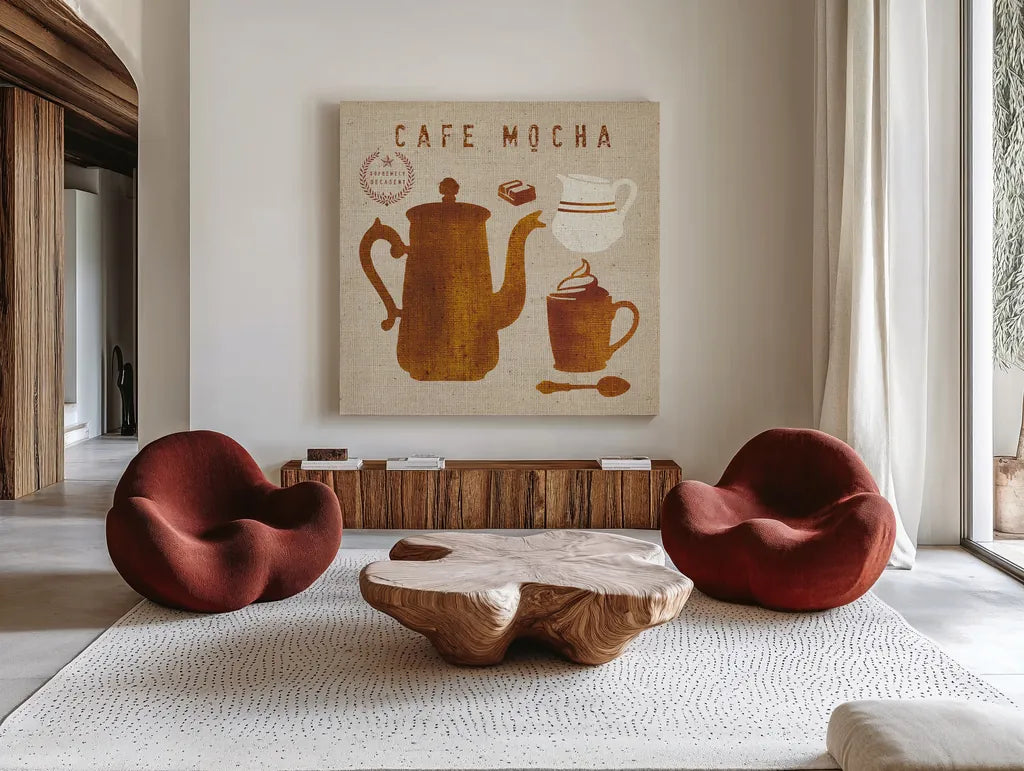 Mocha on Linen by Wild Apple Portfolio. Shown as extra-large giant wall art in a modern living room. Available as an archival giclee rolled canvas, fine art paper, or poster print. SKU 19782a.