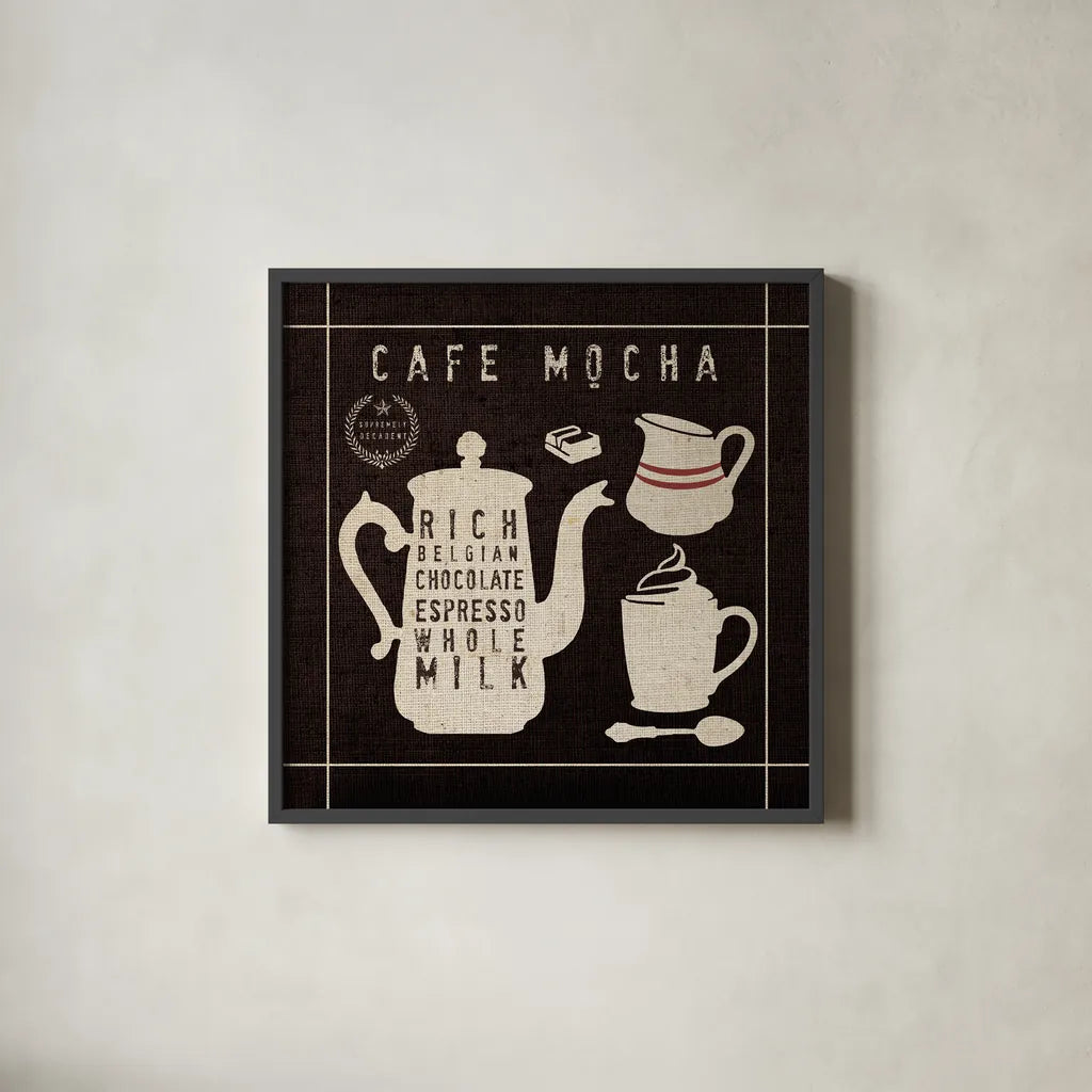 Mocha on Linen Black by Wild Apple Portfolio. Shown in a sleek black glass frame for a contemporary gallery look. Available as an archival giclee rolled canvas, fine art paper, or poster print. SKU 39914a.