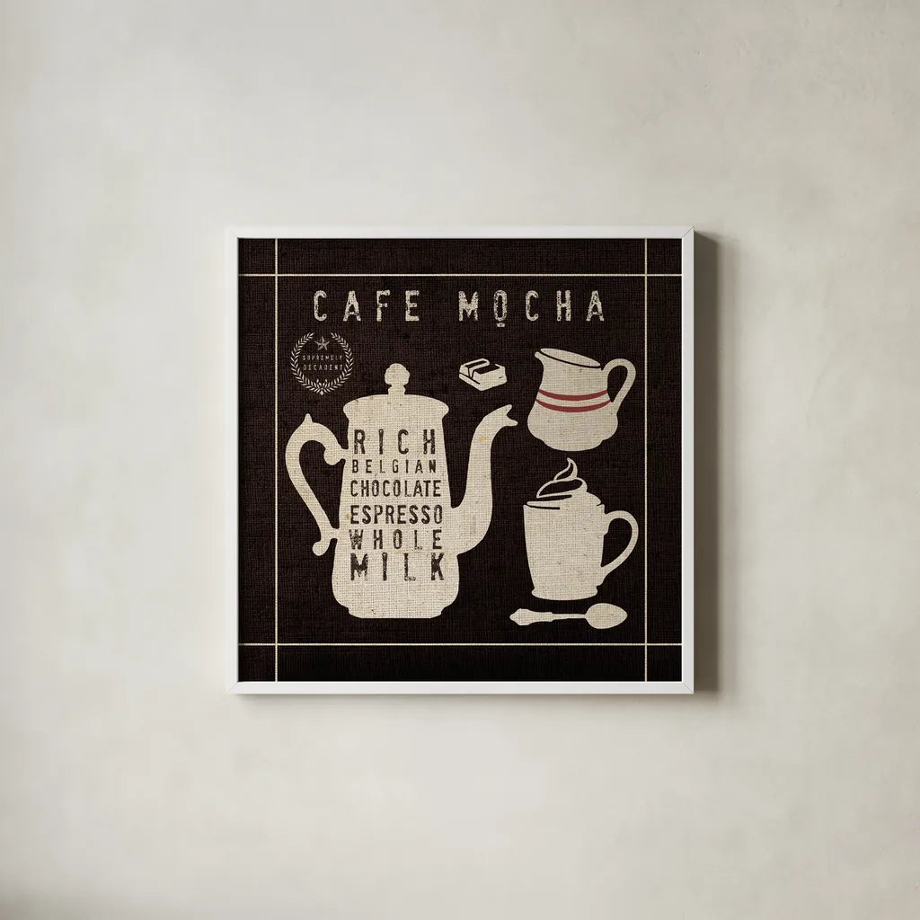 Mocha on Linen Black by Wild Apple Portfolio. Shown in a crisp white glass frame for a clean and minimalist style. Available as an archival giclee rolled canvas, fine art paper, or poster print. SKU 39914a.