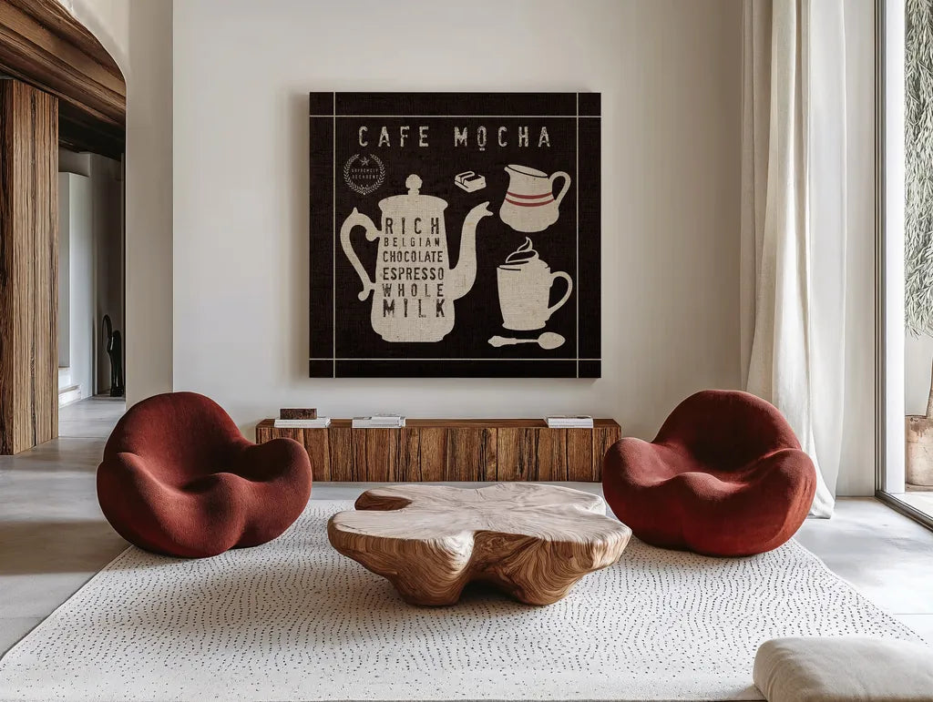 Mocha on Linen Black by Wild Apple Portfolio. Shown as extra-large giant wall art in a modern living room. Available as an archival giclee rolled canvas, fine art paper, or poster print. SKU 39914a.