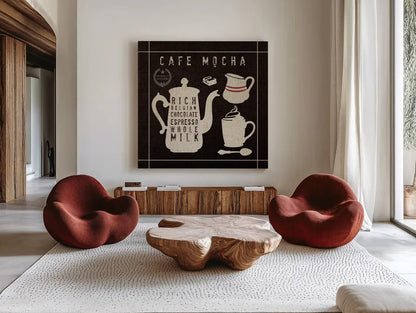 Mocha on Linen Black by Wild Apple Portfolio. Shown as extra-large giant wall art in a modern living room. Available as an archival giclee rolled canvas, fine art paper, or poster print. SKU 39914a.