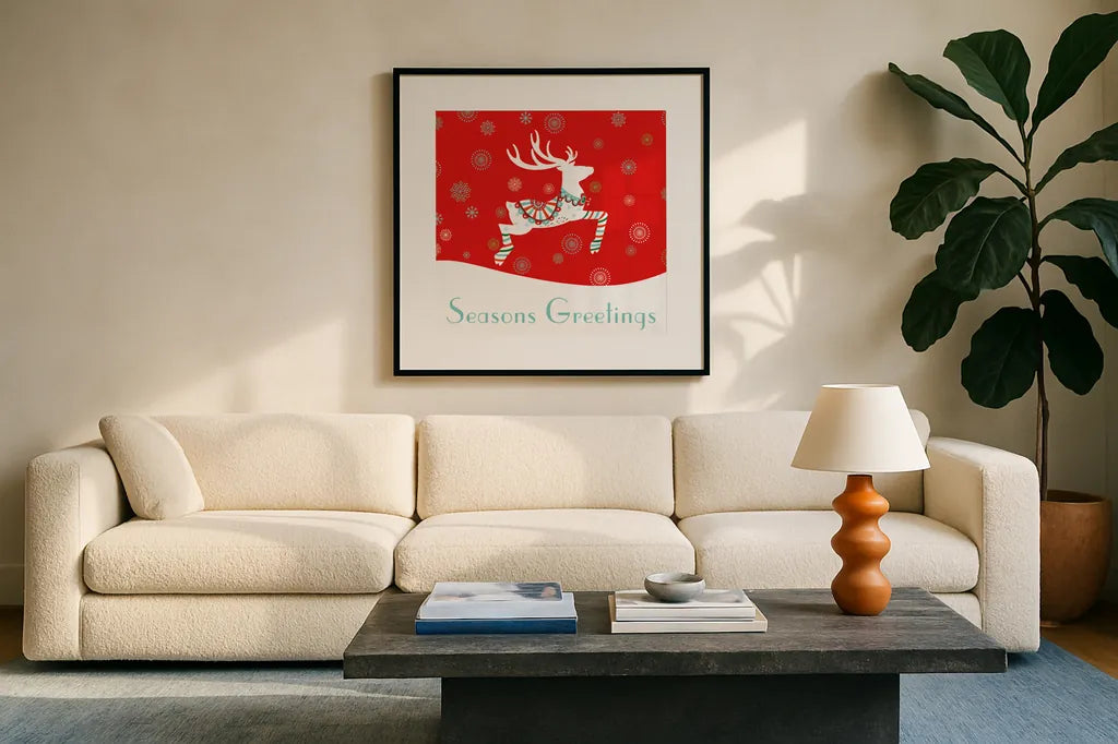 Mod Holiday I by Wild Apple Portfolio. Displayed in a glass frame with matte in a clean modern living room. Available as an archival giclee rolled canvas, fine art paper, or poster print. SKU 41578a.