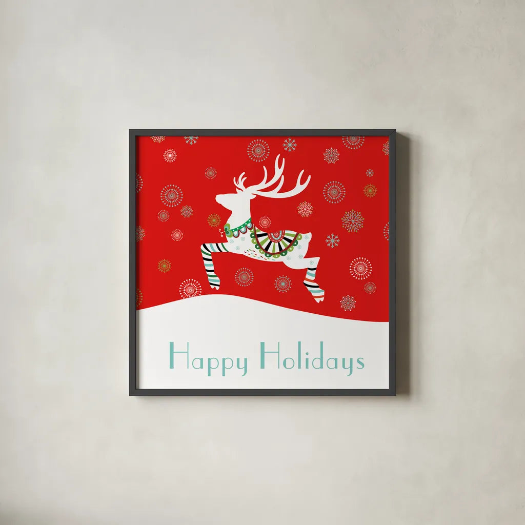 Mod Holiday II by Wild Apple Portfolio. Shown in a sleek black glass frame for a contemporary gallery look. Available as an archival giclee rolled canvas, fine art paper, or poster print. SKU 41579a.