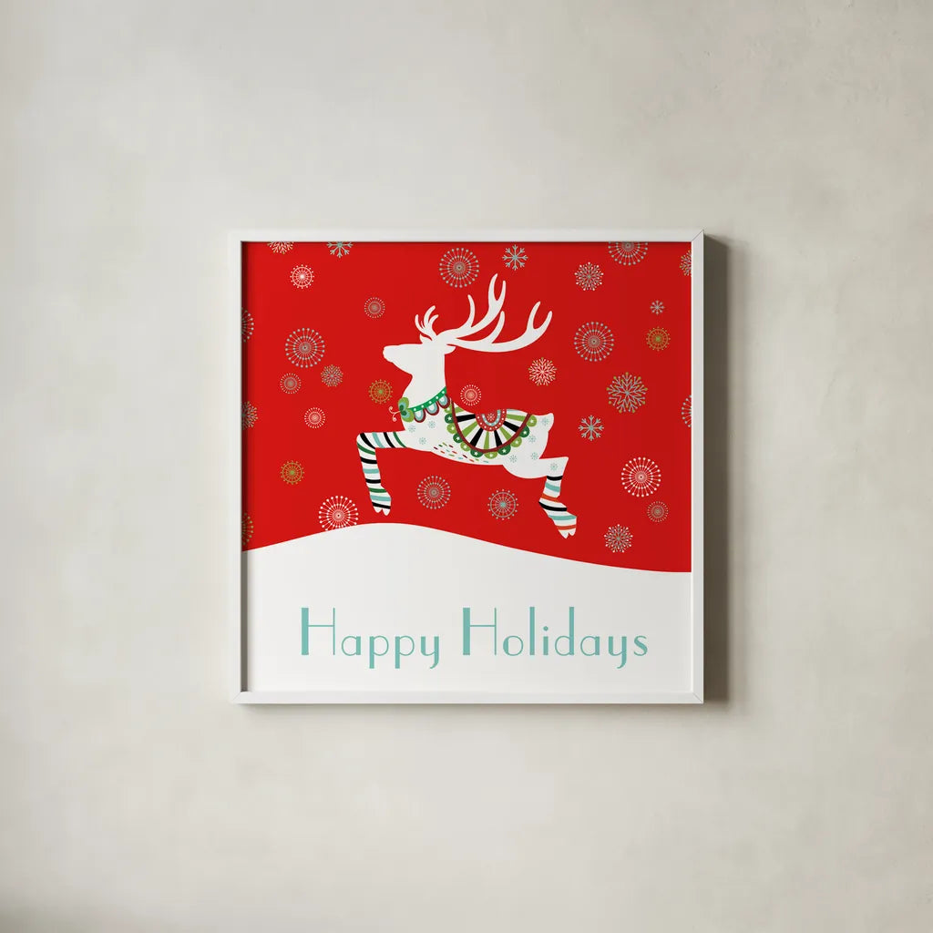 Mod Holiday II by Wild Apple Portfolio. Shown in a crisp white glass frame for a clean and minimalist style. Available as an archival giclee rolled canvas, fine art paper, or poster print. SKU 41579a.