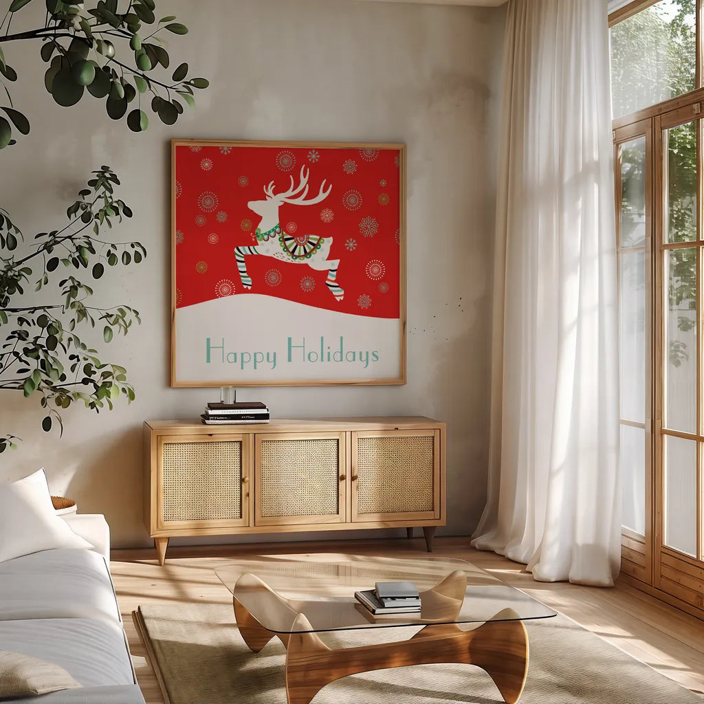 Mod Holiday II by Wild Apple Portfolio. Shown in a natural wood frame in a cozy modern living room. Available as an archival giclee rolled canvas, fine art paper, or poster print. SKU 41579a.