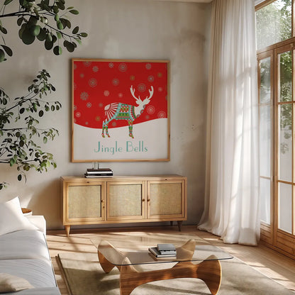 Mod Holiday III by Wild Apple Portfolio. Shown in a natural wood frame in a cozy modern living room. Available as an archival giclee rolled canvas, fine art paper, or poster print. SKU 41580a.