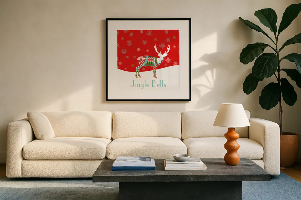 Mod Holiday III by Wild Apple Portfolio. Displayed in a glass frame with matte in a clean modern living room. Available as an archival giclee rolled canvas, fine art paper, or poster print. SKU 41580a.