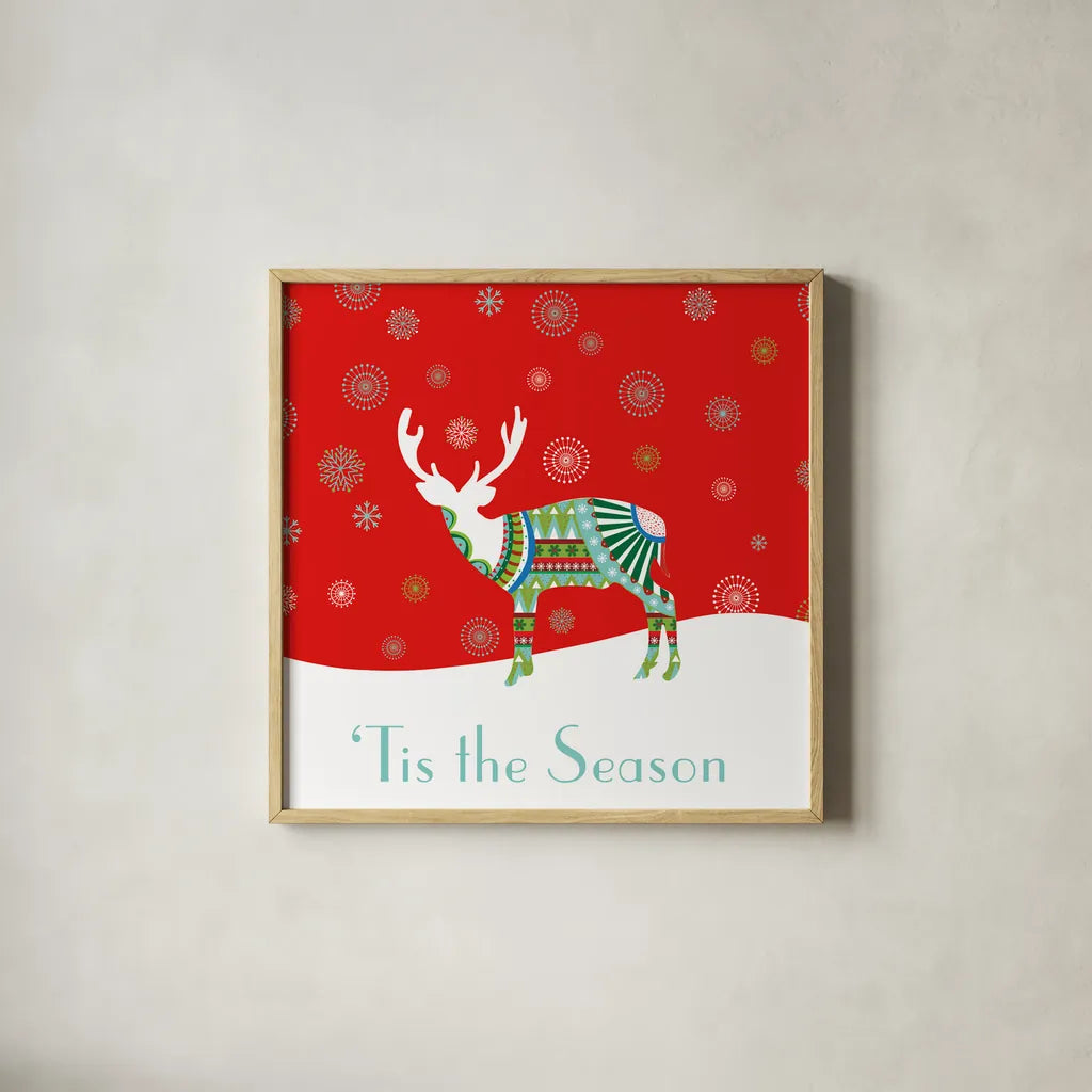 Mod Holiday IV by Wild Apple Portfolio. Shown in a natural wood glass frame for a timeless modern aesthetic. Available as an archival giclee rolled canvas, fine art paper, or poster print. SKU 41581a.