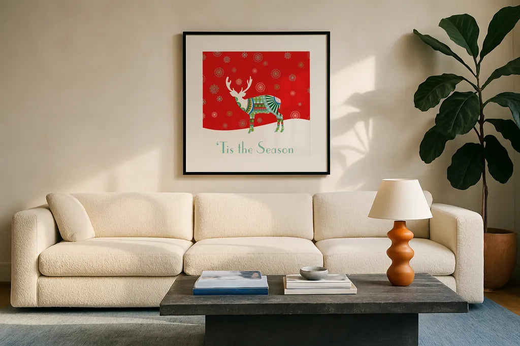 Mod Holiday IV by Wild Apple Portfolio. Displayed in a glass frame with matte in a clean modern living room. Available as an archival giclee rolled canvas, fine art paper, or poster print. SKU 41581a.