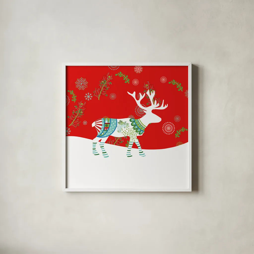 Mod Holiday V by Wild Apple Portfolio. Shown in a crisp white glass frame for a clean and minimalist style. Available as an archival giclee rolled canvas, fine art paper, or poster print. SKU 41582a.