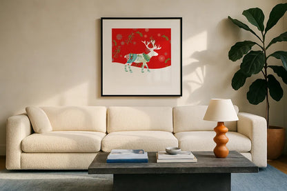 Mod Holiday V by Wild Apple Portfolio. Displayed in a glass frame with matte in a clean modern living room. Available as an archival giclee rolled canvas, fine art paper, or poster print. SKU 41582a.