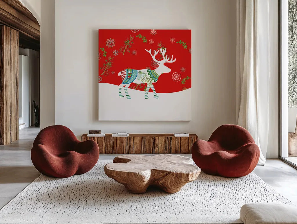 Mod Holiday V by Wild Apple Portfolio. Shown as extra-large giant wall art in a modern living room. Available as an archival giclee rolled canvas, fine art paper, or poster print. SKU 41582a.