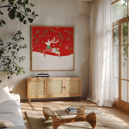 Mod Holiday VI by Wild Apple Portfolio. Shown in a natural wood frame in a cozy modern living room. Available as an archival giclee rolled canvas, fine art paper, or poster print. SKU 41583a.