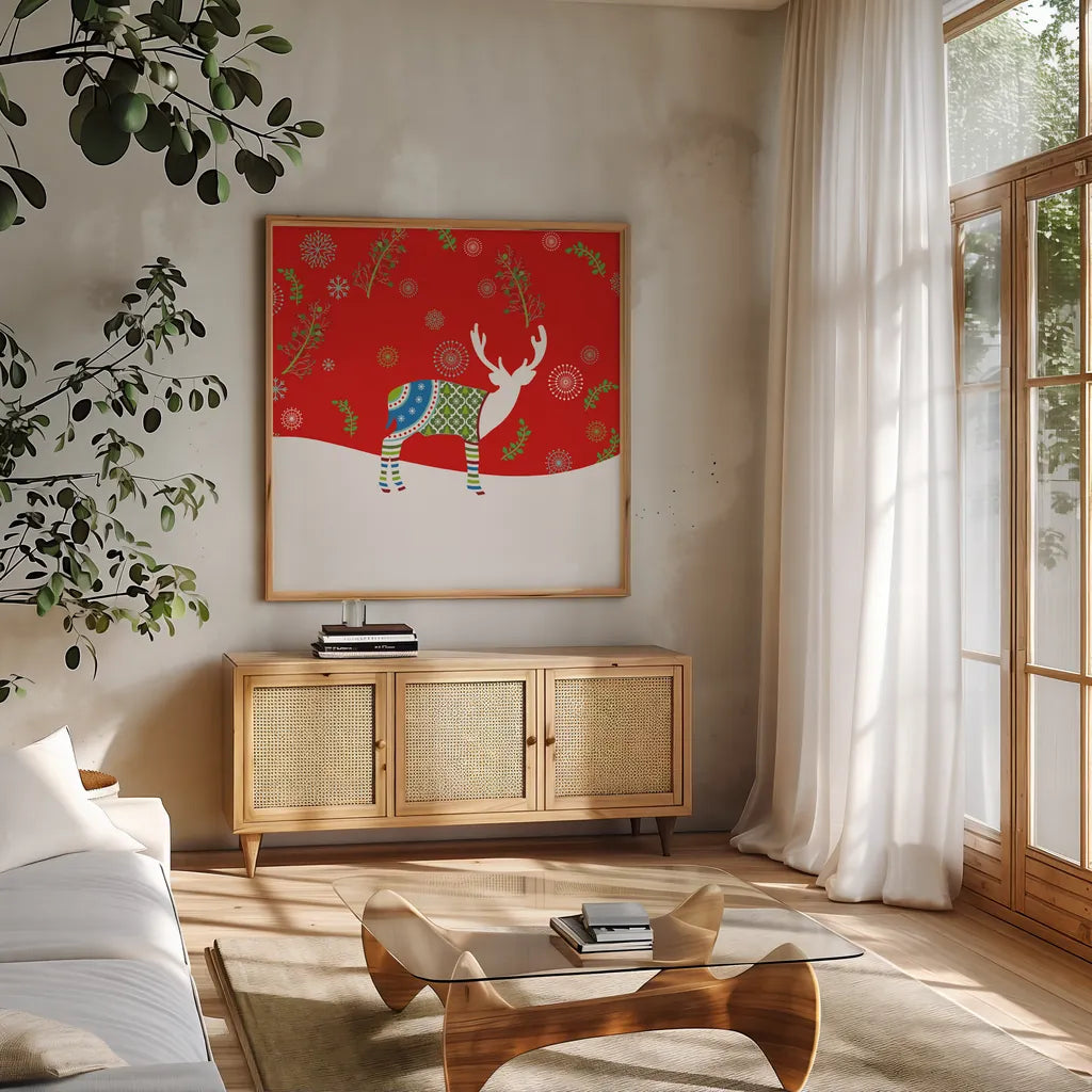 Mod Holiday VII by Wild Apple Portfolio. Shown in a natural wood frame in a cozy modern living room. Available as an archival giclee rolled canvas, fine art paper, or poster print. SKU 41584a.