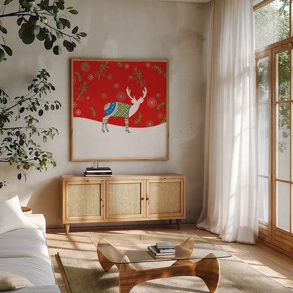 Mod Holiday VII by Wild Apple Portfolio. Shown in a natural wood frame in a cozy modern living room. Available as an archival giclee rolled canvas, fine art paper, or poster print. SKU 41584a.