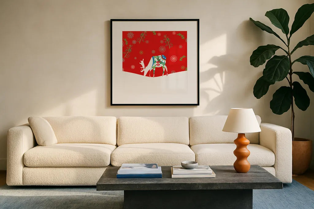Mod Holiday VIII by Wild Apple Portfolio. Displayed in a glass frame with matte in a clean modern living room. Available as an archival giclee rolled canvas, fine art paper, or poster print. SKU 41585a.