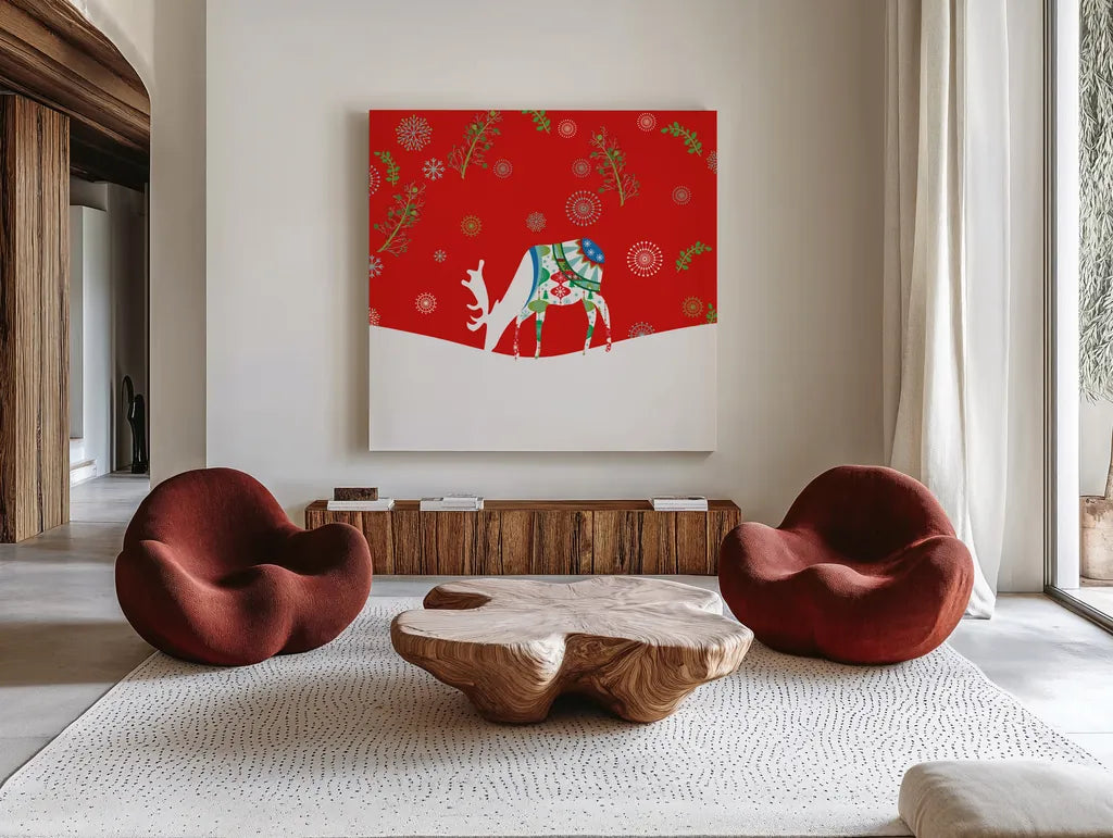 Mod Holiday VIII by Wild Apple Portfolio. Shown as extra-large giant wall art in a modern living room. Available as an archival giclee rolled canvas, fine art paper, or poster print. SKU 41585a.