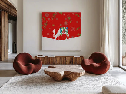 Mod Holiday VIII by Wild Apple Portfolio. Shown as extra-large giant wall art in a modern living room. Available as an archival giclee rolled canvas, fine art paper, or poster print. SKU 41585a.