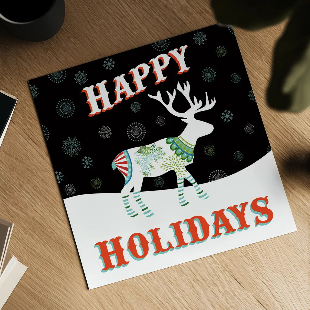 Mod Holiday on Black I by Wild Apple Portfolio. Shown as a detailed flat fine art print, highlighting archival giclee quality. Available as an archival giclee rolled canvas, fine art paper, or poster print. SKU 41756a.