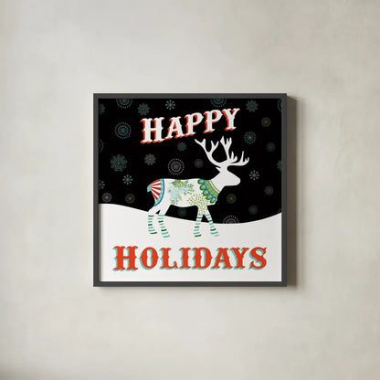 Mod Holiday on Black I by Wild Apple Portfolio. Shown in a sleek black glass frame for a contemporary gallery look. Available as an archival giclee rolled canvas, fine art paper, or poster print. SKU 41756a.