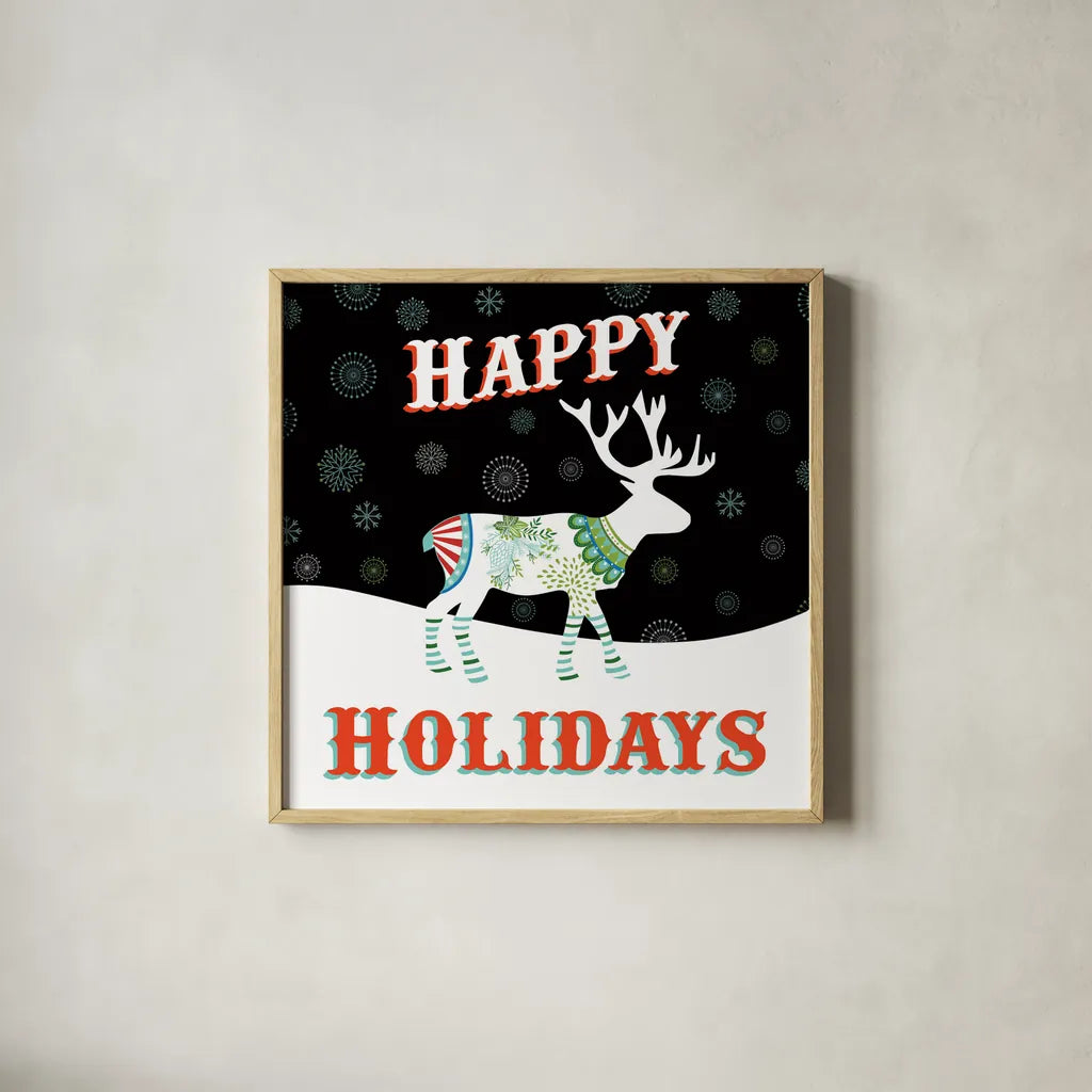 Mod Holiday on Black I by Wild Apple Portfolio. Shown in a natural wood glass frame for a timeless modern aesthetic. Available as an archival giclee rolled canvas, fine art paper, or poster print. SKU 41756a.