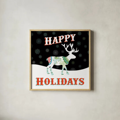 Mod Holiday on Black I by Wild Apple Portfolio. Shown in a natural wood glass frame for a timeless modern aesthetic. Available as an archival giclee rolled canvas, fine art paper, or poster print. SKU 41756a.