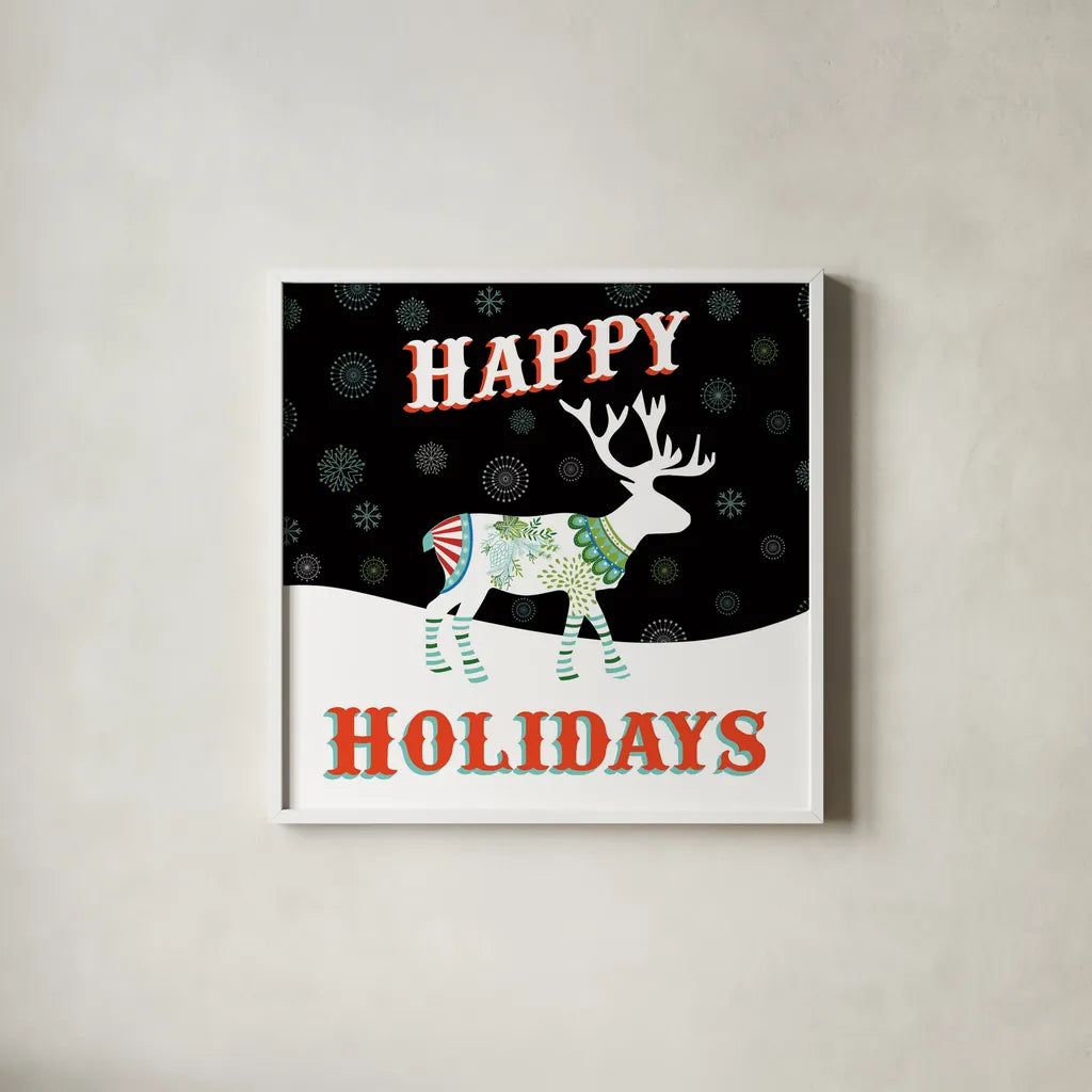 Mod Holiday on Black I by Wild Apple Portfolio. Shown in a crisp white glass frame for a clean and minimalist style. Available as an archival giclee rolled canvas, fine art paper, or poster print. SKU 41756a.