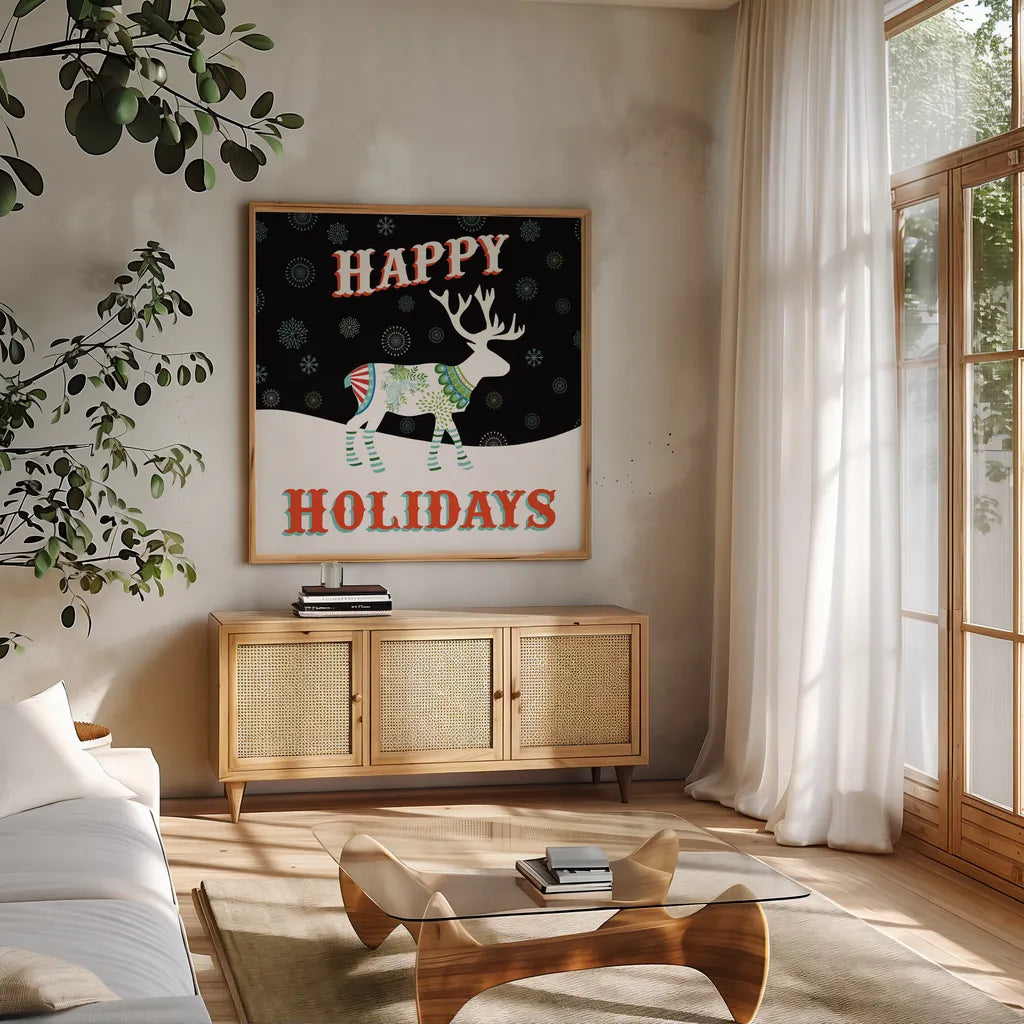 Mod Holiday on Black I by Wild Apple Portfolio. Shown in a natural wood frame in a cozy modern living room. Available as an archival giclee rolled canvas, fine art paper, or poster print. SKU 41756a.