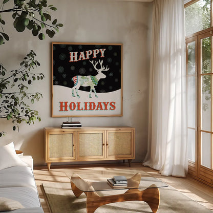 Mod Holiday on Black I by Wild Apple Portfolio. Shown in a natural wood frame in a cozy modern living room. Available as an archival giclee rolled canvas, fine art paper, or poster print. SKU 41756a.