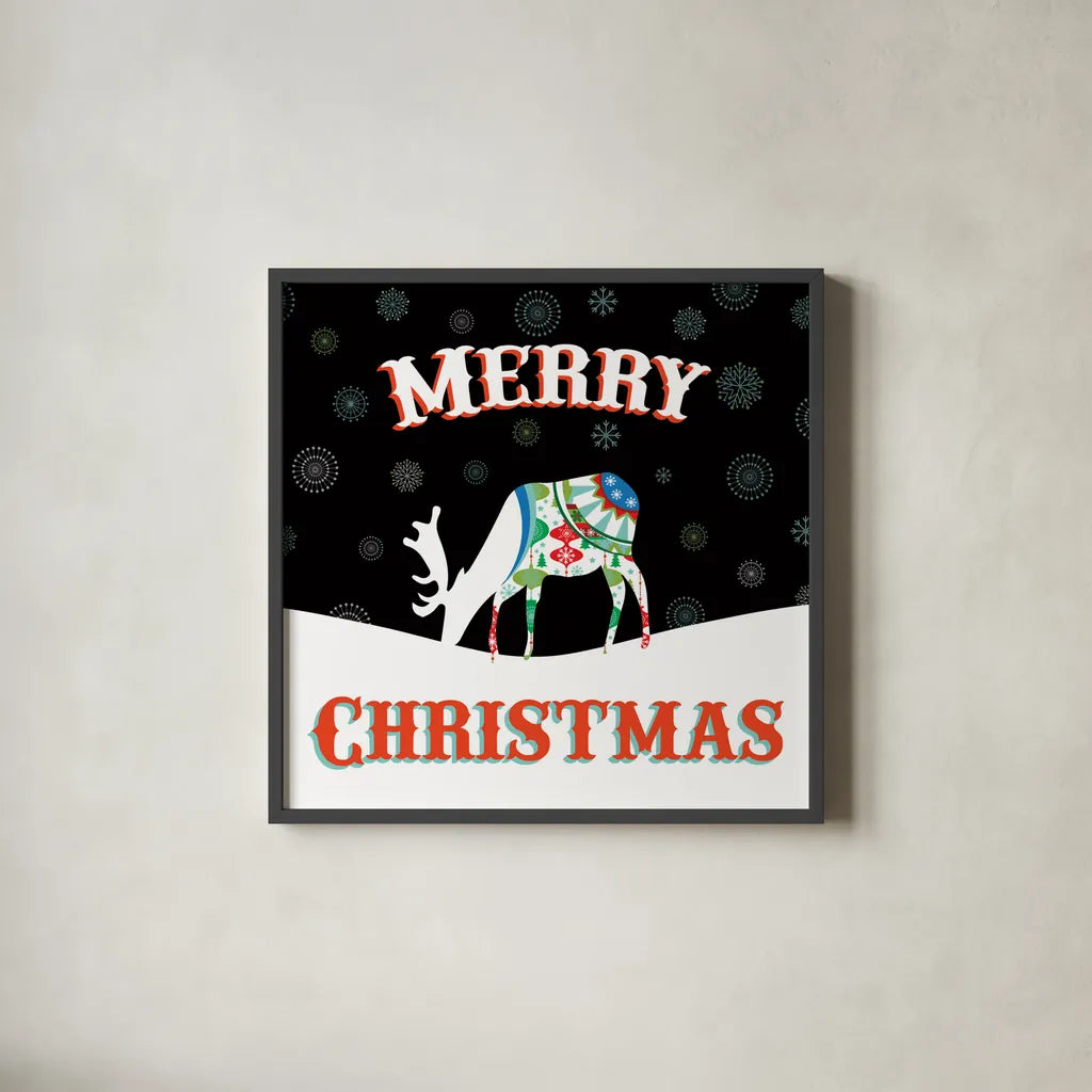 Mod Holiday on Black II by Wild Apple Portfolio. Shown in a sleek black glass frame for a contemporary gallery look. Available as an archival giclee rolled canvas, fine art paper, or poster print. SKU 41757a.