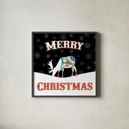 Mod Holiday on Black II by Wild Apple Portfolio. Shown in a sleek black glass frame for a contemporary gallery look. Available as an archival giclee rolled canvas, fine art paper, or poster print. SKU 41757a.