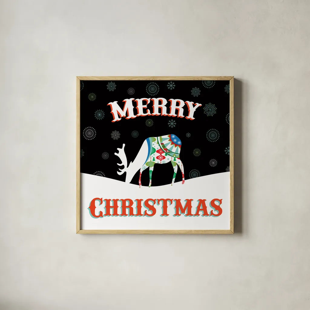 Mod Holiday on Black II by Wild Apple Portfolio. Shown in a natural wood glass frame for a timeless modern aesthetic. Available as an archival giclee rolled canvas, fine art paper, or poster print. SKU 41757a.