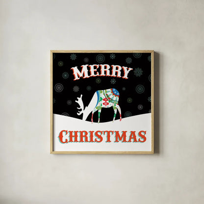 Mod Holiday on Black II by Wild Apple Portfolio. Shown in a natural wood glass frame for a timeless modern aesthetic. Available as an archival giclee rolled canvas, fine art paper, or poster print. SKU 41757a.