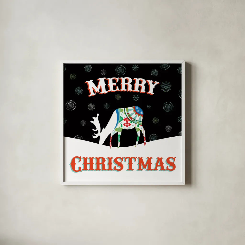 Mod Holiday on Black II by Wild Apple Portfolio. Shown in a crisp white glass frame for a clean and minimalist style. Available as an archival giclee rolled canvas, fine art paper, or poster print. SKU 41757a.