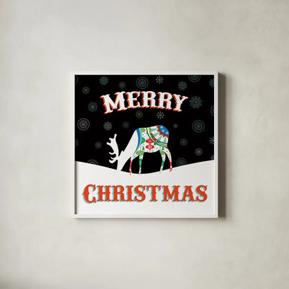 Mod Holiday on Black II by Wild Apple Portfolio. Shown in a crisp white glass frame for a clean and minimalist style. Available as an archival giclee rolled canvas, fine art paper, or poster print. SKU 41757a.