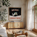 Mod Holiday on Black II by Wild Apple Portfolio. Shown in a natural wood frame in a cozy modern living room. Available as an archival giclee rolled canvas, fine art paper, or poster print. SKU 41757a.