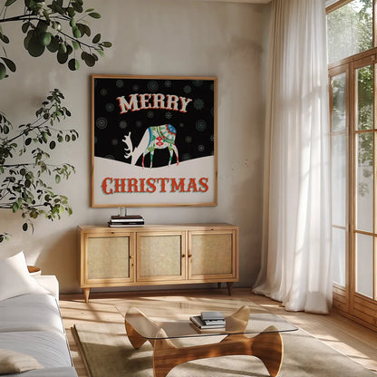 Mod Holiday on Black II by Wild Apple Portfolio. Shown in a natural wood frame in a cozy modern living room. Available as an archival giclee rolled canvas, fine art paper, or poster print. SKU 41757a.