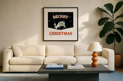 Mod Holiday on Black II by Wild Apple Portfolio. Displayed in a glass frame with matte in a clean modern living room. Available as an archival giclee rolled canvas, fine art paper, or poster print. SKU 41757a.
